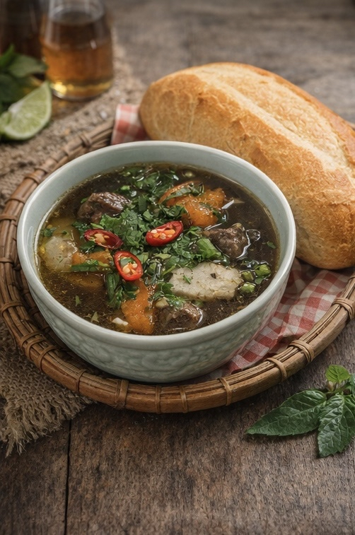 Beef stew with crusty Vietnamese baguette