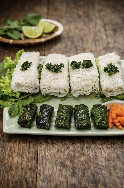 Betel-leaf beef rolls with woven vermicelli