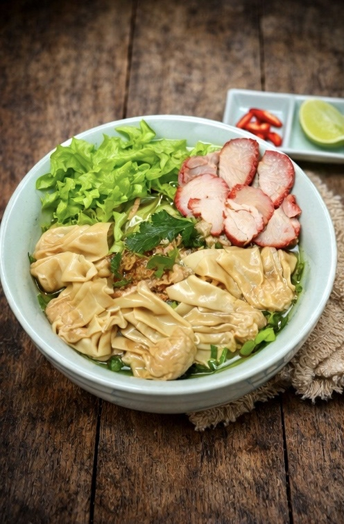 Wonton and char siu egg noodle soup