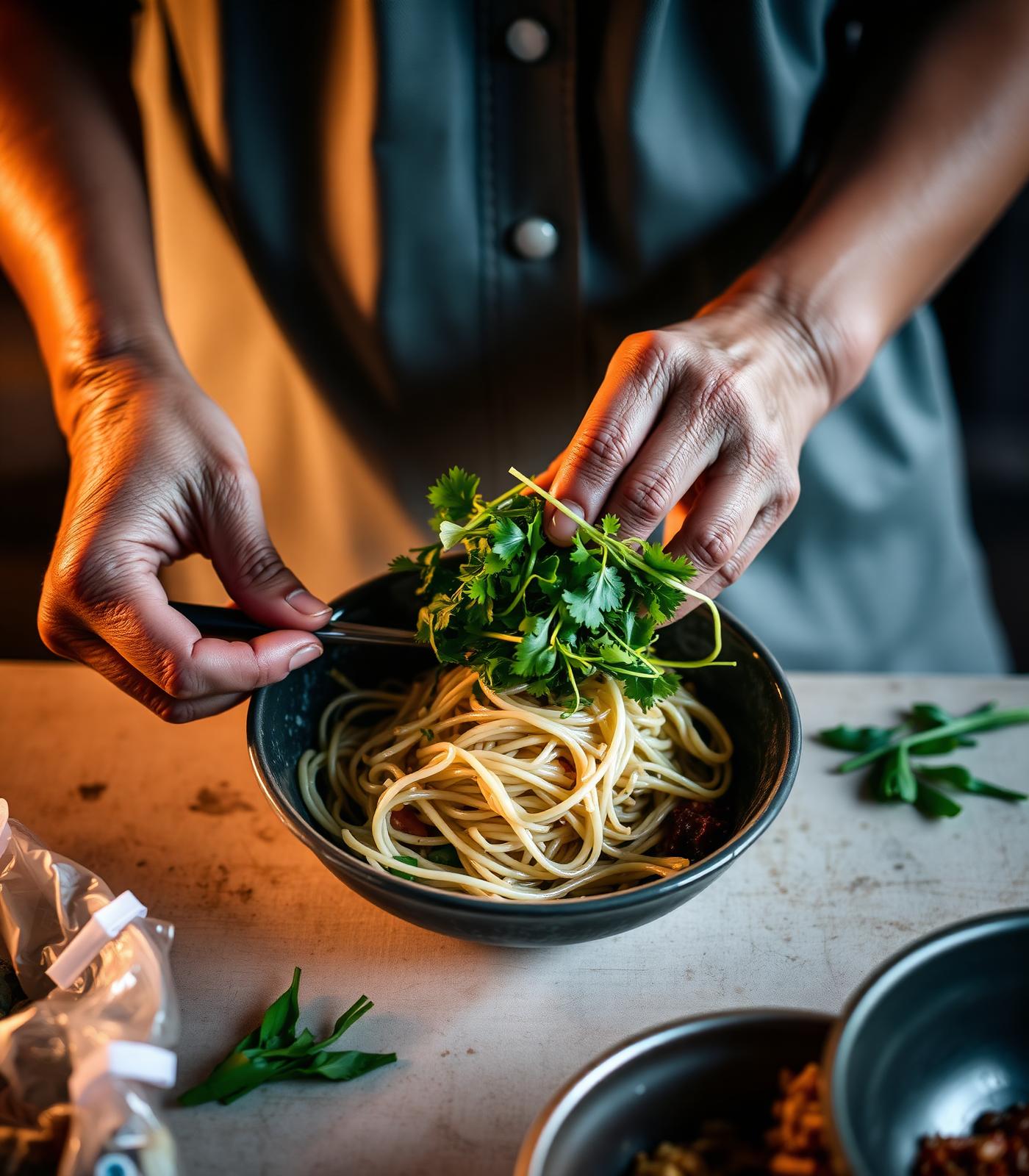 Hands plating fresh herbs over a bowl of Vietnamese noodles